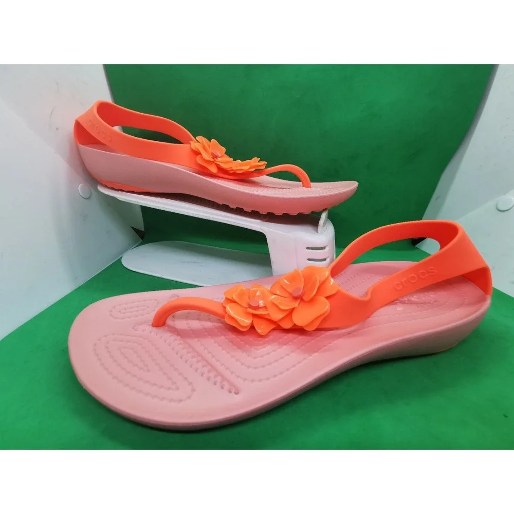 Crocs Serena Flower Embellished Flip Sandal Womens Siz 11 Bright Coral/Melon NEW